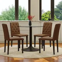 SUCCESS COURIER Ensemble table-chaises, table ronde en verre + 4 chaises en tissu marron, pieds noirs, élégant et luxueux