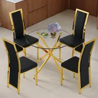 SUCCESS COURIER Lot de 4 comprenant une table de salle à manger en verre trempé de 88 cm, un piètement en croix doré, et quatre chaises de salle à manger enPolyuréthanenoir avec bordure dorée, au design minimaliste