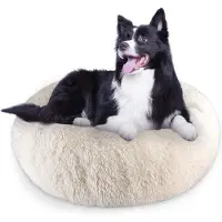 OEM Lit moelleux en peluche pour animaux de compagnie, 90 x 30 cm, avec appui-tête et fond antidérapant, beige