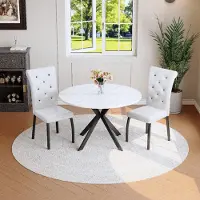 SUCCESS COURIER Table ronde en marbre + 2 chaises blanches en similicuir capitonnées, pieds en métal, ensemble pour salle à manger et cuisine