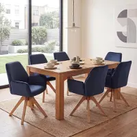 Mendler Lot de 6 chaises de salle à manger HWC-G67, chaises de table à manger et de cuisine avec accoudoirs, pivotantes, en bois et velours 320 g/m², MVG bleu anthracite