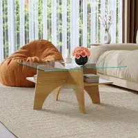 SUCCESS COURIER Table basse carrée moderne en verre de sécurité – 80 x 80 cm, pieds en MDF plaqués bois clair, idéale pour le salon et la salle à manger, bois clair