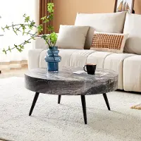 SUCCESS COURIER Table basse ronde, 70 cm de diamètre, aspect marbre gris (MDF), pieds en métal noir, design minimaliste, idéale pour le salon et les petites pièces