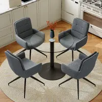 SUCCESS COURIER Ensemble table-chaises, table ronde en verre + 4 chaises en tissu gris foncé, pieds noirs, élégant et luxueux
