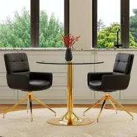 SUCCESS COURIER Ensemble table et chaises, table ronde en verre de 85 cm + 4 chaises noires en PU, pieds dorés, style légèrement luxueux