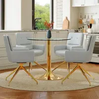 SUCCESS COURIER Ensemble table-chaises, table ronde en verre de 85 cm + 6 chaises enPolyuréthanegris clair, pieds dorés, style légèrement luxueux