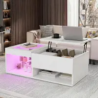 ProximaX Table basse brillante avec insert en verre, éclairage LED RGB, plateau relevable, espace de rangement, télécommande, blanche