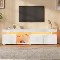 Merax Meuble TV bas ultra-brillant pour écrans jusqu'à 80 pouces, meuble TV à 3 portes avec éclairage LED, meuble TV avec étagères en verre et grand espace de rangement, blanc