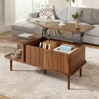 Merax Table basse réglable en hauteur avec abattant coulissant, table de salon en MDF à rainures verticales, table de salon avec pieds en bois, noyer