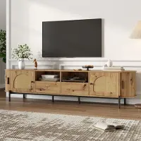 Merax Meuble TV ovale avec portes en rotin et portes coulissantes, meuble TV bas aspect bois avec pieds en métal, meuble de salon moderne, naturel