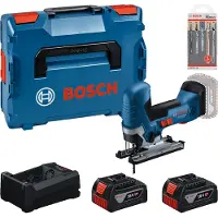 Bosch Kit d'outils : GST 18V-125 S + 2 batteries GBA 5,0 Ah + GAL + jeu de lames de scie sauteuse dans une L-BOXX