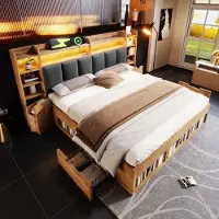 Ulife Lit double moderne avec tête de lit rembourrée, éclairage LED, tables de chevet avec ports USB et Type-C, espace de rangement et sommier à lattes en bois - chêne, 160 x 200 cm (sans matelas)