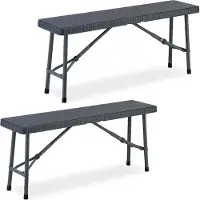 Relaxdays Lot de 2 bancs de brasserie , pliables, pour terrasse et jardin, aspect rotin, banc de camping en plastique, dimensions : 42 x 102 x 25 cm, gris