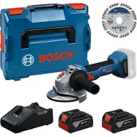 Bosch Kit d'outils professionnel : Meuleuse d'angle sans fil GWS 18V-8 + 2 batteries GBA 4 Ah + chargeur GAL 18V-40 + disque de tronçonnage 125, le tout dans un coffret L-BOXX