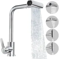 Famanu Robinet de cuisine à 4 jets - Mitigeur à poignées - Acier inoxydable - Robinetterie - Chrome - Hauteur totale 361 mm