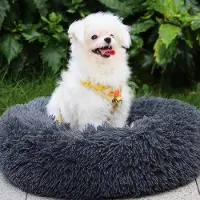 OEM Lit pour chien Fluffy, coussin pour chien 60 cm, lavable, lit pour chiens de petite, moyenne et grande taille, lit en peluche, gris foncé.