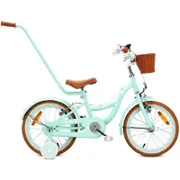 Sun baby Vélo pour fille Vélo d'enfant pour fille 16 pouces Vélo léger avec poignée de poussée, roues stabilisatrices, panier, sonnette, freins V-Brake et autocollants Vélo rétro Flower couleur menthe