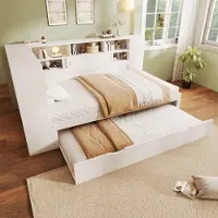 MODFU Lit Gigogne 90x200 cm - Lit Ado avec USB Intégré et Espaces de Rangement - Sans Matelas - Bois MDF et Pin - Blanc
