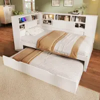 MODFU Lit Gigogne 90x200 cm - Lit Ado avec USB Intégré et Espaces de Rangement - Sans Matelas - Bois MDF et Pin - Blanc