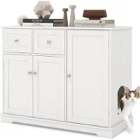 Costway Armoire à litière pour chats, Armoire à litière avec 2 tiroirs, 3 portes & entrée, Commode pour chats Table d'appoint 100x45x80cm Blanc