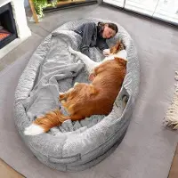 OEM Grand panier pour chien adulte | Panier confortable pour les humains et les animaux de compagnie | Avec couverture et housse amovible | Gris clair