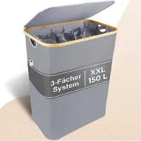 OEM Bac de lavage Bamboe XXL avec couvercle, 3 compartiments, système de tri étanche, bac de lavage pliable