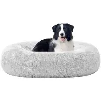OEM Lit orthopédique pour chien, coussin rond, banc pour chien, lit pour chat, forme beignet, lit douillet, mobilier pour chien, lavable, 90 cm de diamètre, gris clair