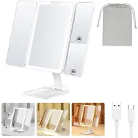 Azomor Miroir de maquillage portable à trois volets avec éclairage et grossissement réglable