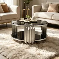 Great han Table basse moderne en verre noir, double vitrage, ronde, de luxe, avec piètement en acier doré ; table d'appoint pour canapé, idéale pour le salon ou le bureau. Argent