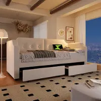 Flieks Canapé-lit Lit rembourré 90x200cm avec USB & lumière de lecture, lit de rangement lit simple avec 2 tiroirs, lit fonctionnel lit de jour canapé-lit, velours, beige