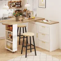 Flieks Table de bar avec rotation à 360°, table haute polyvalente avec étagères réglables et dispositif anti-basculement, table de salle à manger 128-203 x 39 x 90 cm, blanche
