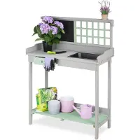 Markenlos Meuble de jardinage avec armoire et 2 niveaux - Meuble de jardinage avec station de recharge - Dimensions : 121 x 92 x 425 cm - Gris/Vert