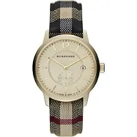 Burberry Montre BU10001 Honey Check - boîtier 40 mm, quartz, cadran miel, bracelet cuir enduit et tissu à carreaux, étanche 50 m, unisexe