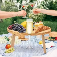 Famanu Petite table de pique-nique pliable en bois rond, idéale pour la plage, le camping et les voyages