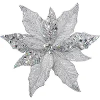 OEM Fleurs de poinsettia en plastique brillant, argentées, décorations artificielles pour sapin de Noël, 12 pouces (30 cm) - lot de 4