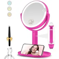 OEM Miroir de maquillage réglable, grossissant 20 fois, éclairé des deux côtés, rose vif