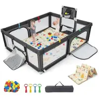 OEM Parc d'éveil pliable pour enfants, 50 balles, matelas, fenêtre pour ramper, sac de transport (gris foncé), 205 x 145 x 69 cm, gris foncé