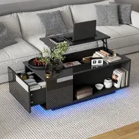 Merax Table basse 100×50×40 cm, table de salon réglable en hauteur avec LED, table élévatrice avec tiroir, espace de rangement caché & tablette, noir brillant