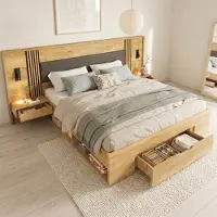 Flieks Lit double en bois 180 x 200 cm avec tables de chevet intégrées, lit avec rangement. Lit classique avec deux lampes et un tiroir, finition naturelle