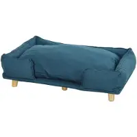 SUGIFT Canapé pour animaux de compagnie en bois de pin, lit pour chien avec coussin amovible, couleur bleu | Pattes en bois surélevées | Rembourrage de 8 cm | 96 x 66 x 24 cm