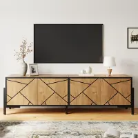 Merax Meuble TV bas à 4 portes, meuble TV au design géométrique, meuble TV en MDF pouvant accueillir des écrans jusqu'à 65 pouces, meuble de salon avec pieds en métal, couleur Nature + Noir
