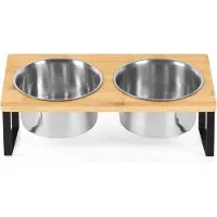 Famanu Gamelle pour animaux de haute qualité, grande capacité, support inclinable en bambou, gamelle en acier inoxydable en deux parties amovibles, pour chiens de petite et moyenne taille et chats
