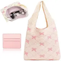 OEM Sac de plage au crochet beige à rayures roses, sac à main tressé avec 1 compartiment à cartes rose, sac en forme de cur pour femmes, idéal pour les filles et les femmes