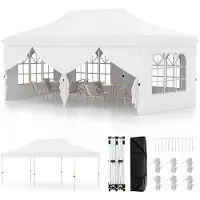 Costway Pavillon pliable 3x6m avec 6 parois latérales amovibles, sac de transport, pavillon réglable en hauteur hydrofuge, protection UV 50+ blanc
