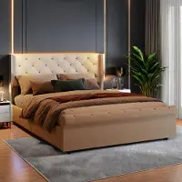 ProximaX Lit coffre 140x200 cm en velours beige avec rangement hydraulique, lampes de chevet intégrées avec ports USB et chargeur européen