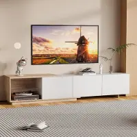 ProximaX Meuble TV extensible 180 cm blanc avec LED à capteur, éclairage tricolore, tiroirs à rebond, panneaux bois brun et blanc, design moderne et pratique