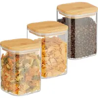 Relaxdays Bocaux de conservation avec couvercle en bambou, lot de 3, bocaux de conservation carrés en verre, 900 ml, hermétiques, transparents/naturels