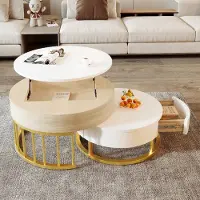 SUCCESS COURIER Combinaison de table basse ronde grande et petite, plateau réglable en hauteur, tiroir, structure métallique dorée, association blanc et aspect bois, corps en MDF, table de salon multifonction