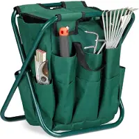 Relaxdays Tabouret porte-outils de jardinage 16 poches et compartiment intérieur pliable HxlxP: 42 x 30 x 39 cm, vert