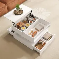 OKWISH Table Basse Réglable En Hauteur Avec LED 16 Couleurs - Table De Salon Moderne Avec Plateau Relevable Et Système D’Amortissement - Blanc